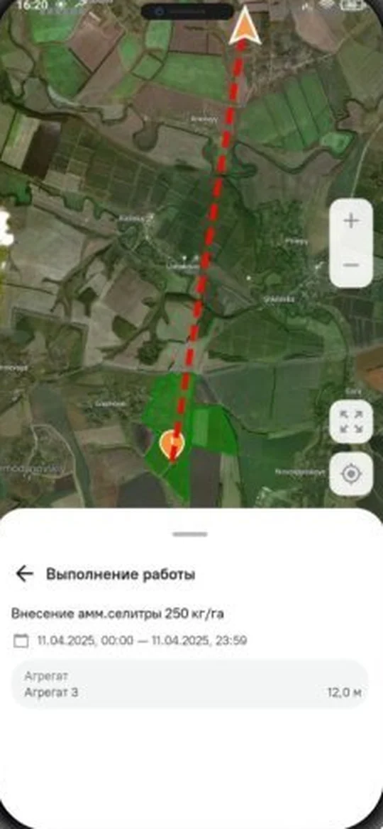 Экран задания: карта полей и маршрут до целевого поля